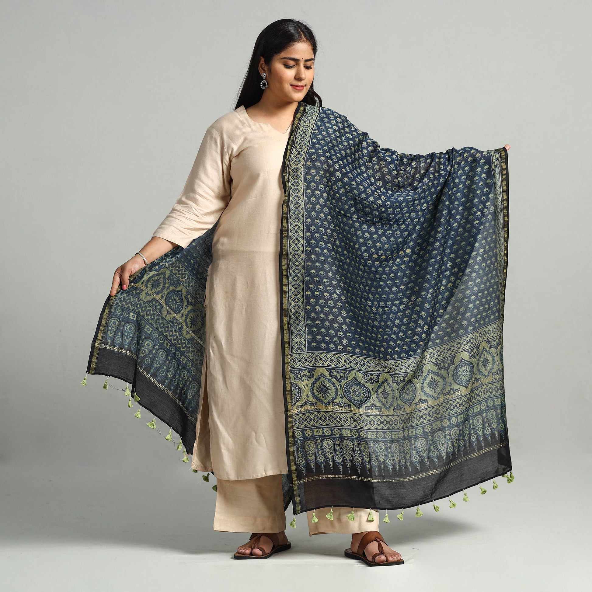 Blue - Block Printed Chanderi Silk Handloom Ajrakh Dupatta 12