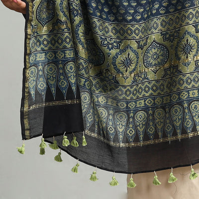 Blue - Block Printed Chanderi Silk Handloom Ajrakh Dupatta 12