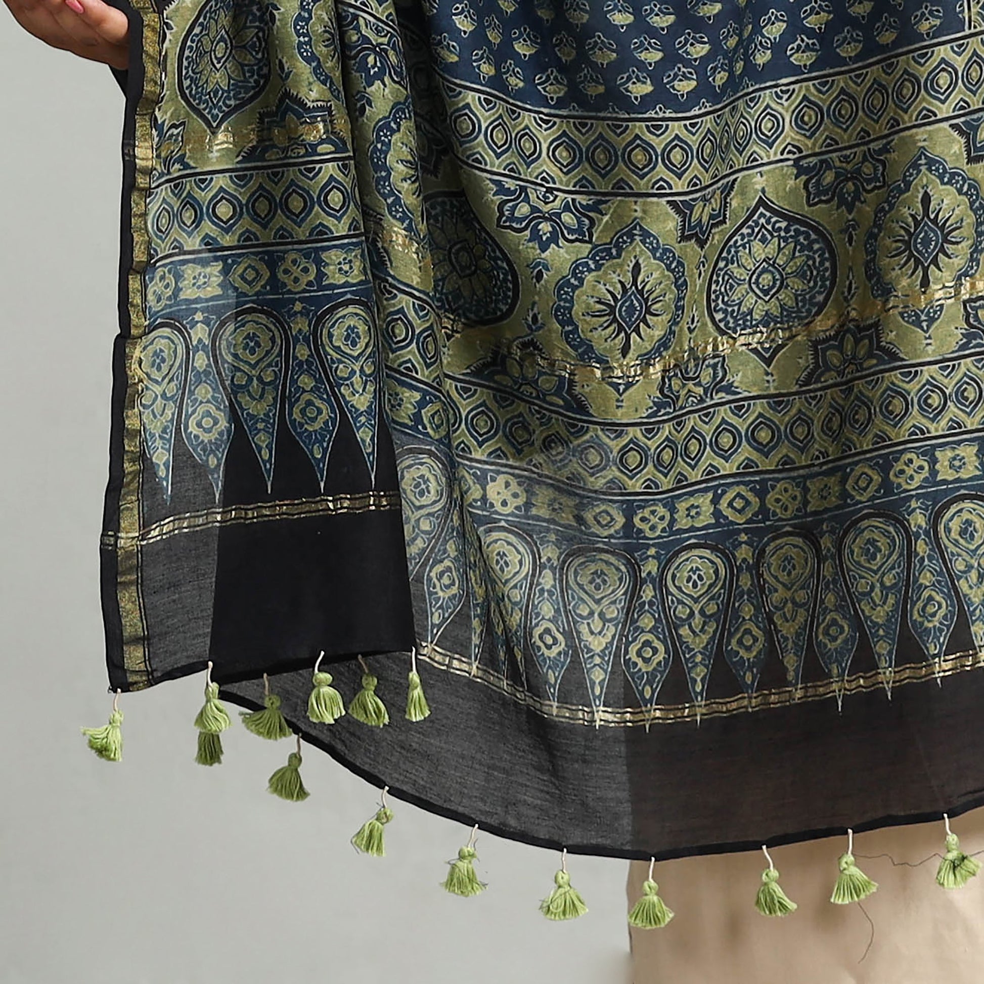 Blue - Block Printed Chanderi Silk Handloom Ajrakh Dupatta 12