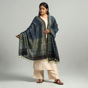 Blue - Block Printed Chanderi Silk Handloom Ajrakh Dupatta 12