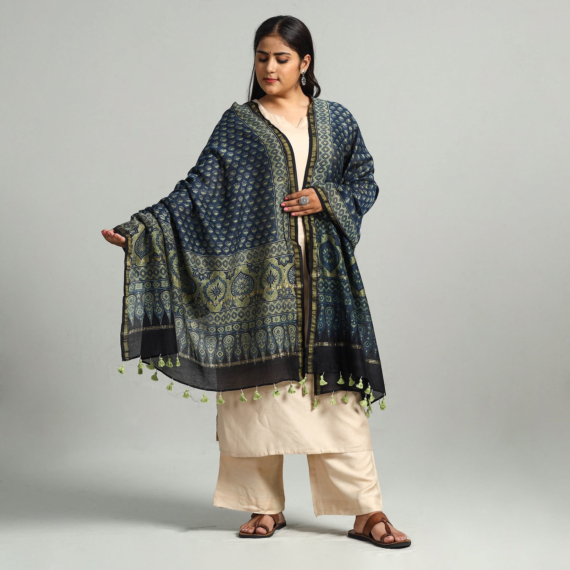 Blue - Block Printed Chanderi Silk Handloom Ajrakh Dupatta 12