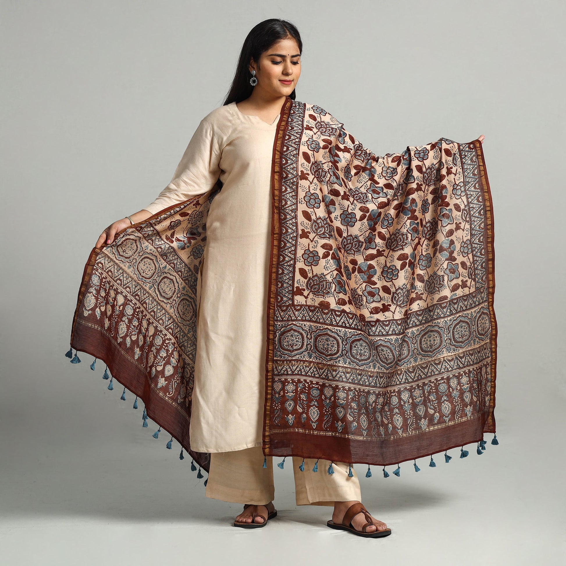 Brown - Block Print Chanderi Silk Handloom Ajrakh Dupatta 16