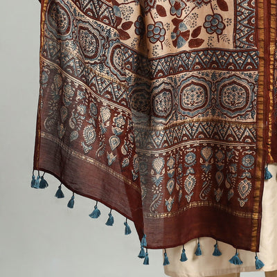 Brown - Block Print Chanderi Silk Handloom Ajrakh Dupatta 16