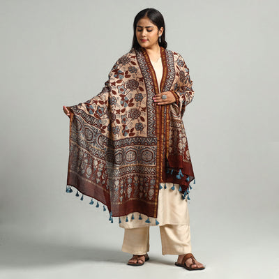 Brown - Block Print Chanderi Silk Handloom Ajrakh Dupatta 16