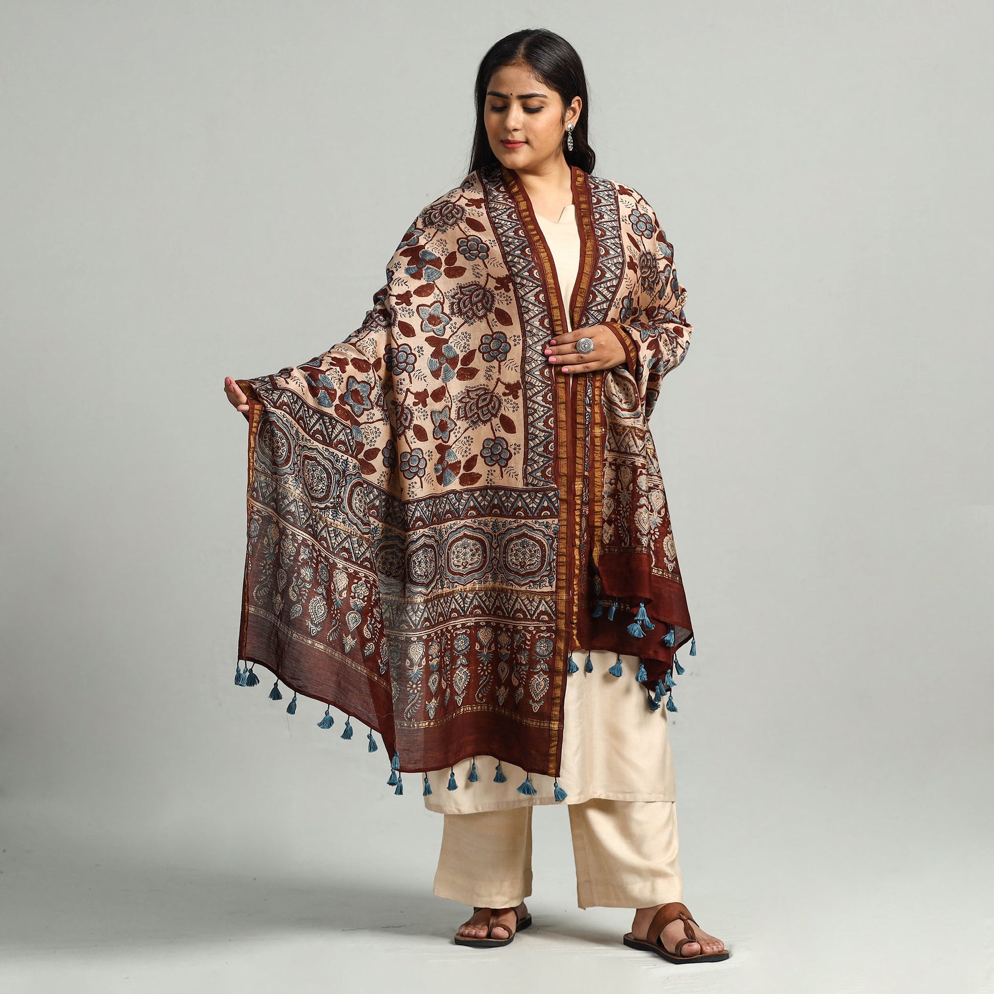 Brown - Block Print Chanderi Silk Handloom Ajrakh Dupatta 16