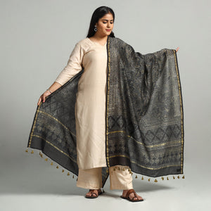 Black - Block Printed Chanderi Silk Handloom Ajrakh Dupatta 18