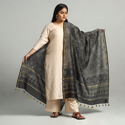 Black - Block Printed Chanderi Silk Handloom Ajrakh Dupatta 18