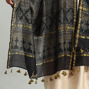 Black - Block Printed Chanderi Silk Handloom Ajrakh Dupatta 18