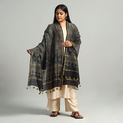 Black - Block Printed Chanderi Silk Handloom Ajrakh Dupatta 18