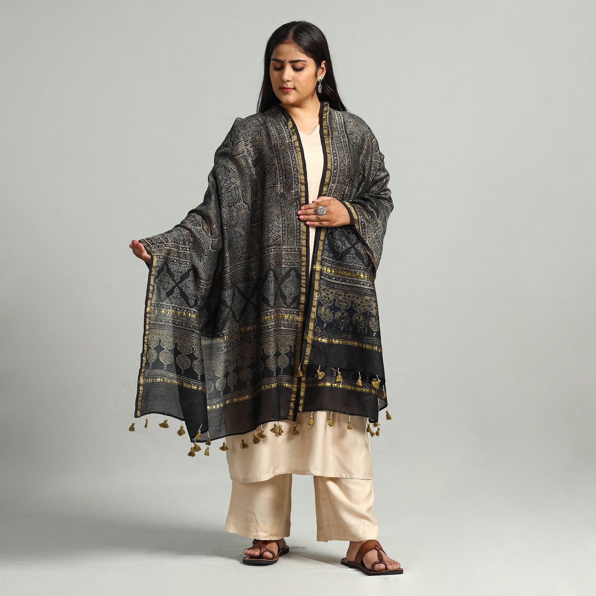 Black - Block Printed Chanderi Silk Handloom Ajrakh Dupatta 18