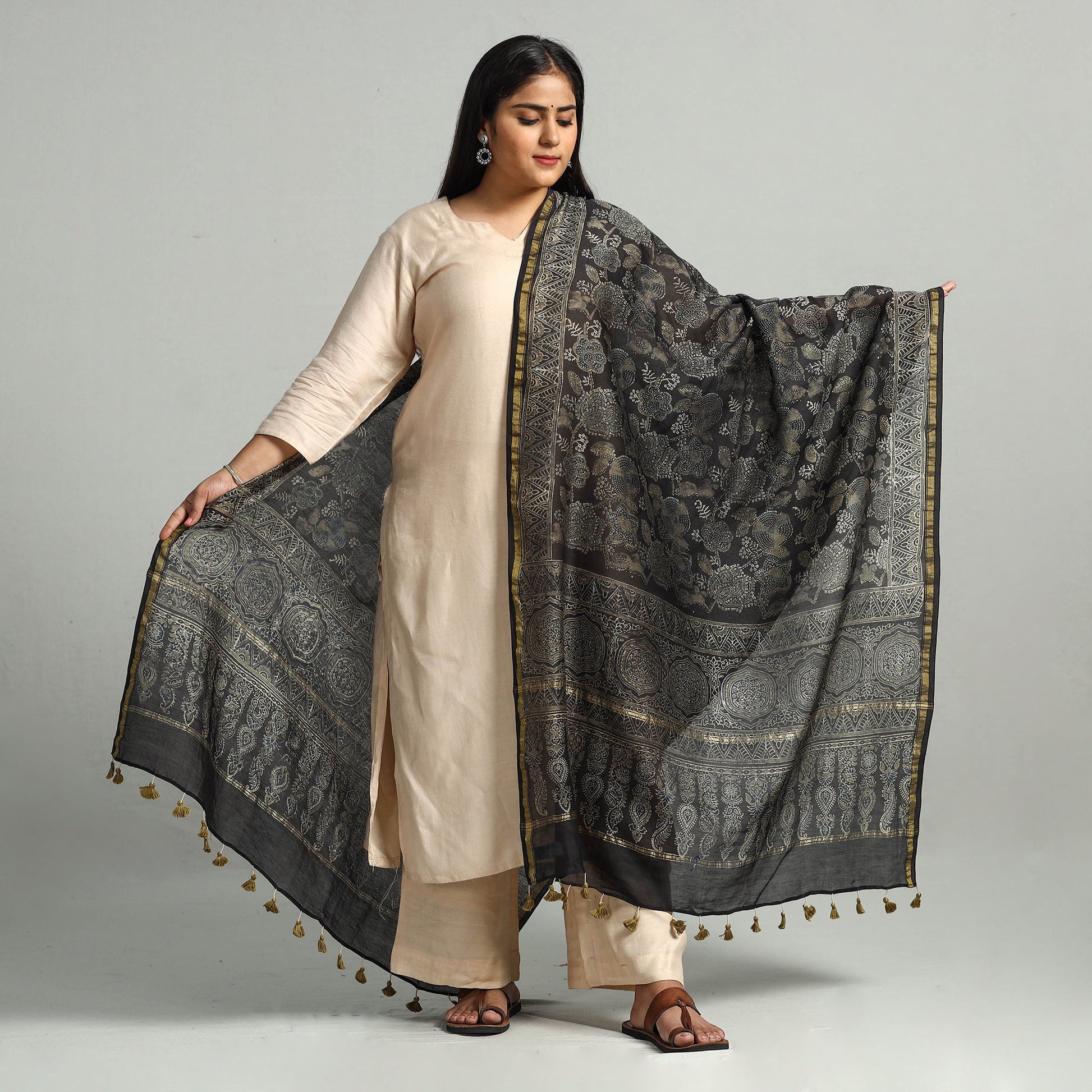 Black - Block Print Chanderi Silk Handloom Ajrakh Dupatta 20