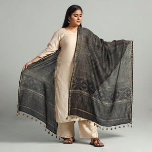 Black - Block Printed Chanderi Silk Handloom Ajrakh Dupatta 22