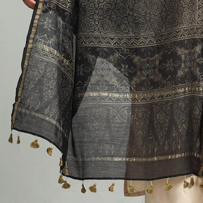Black - Block Printed Chanderi Silk Handloom Ajrakh Dupatta 22