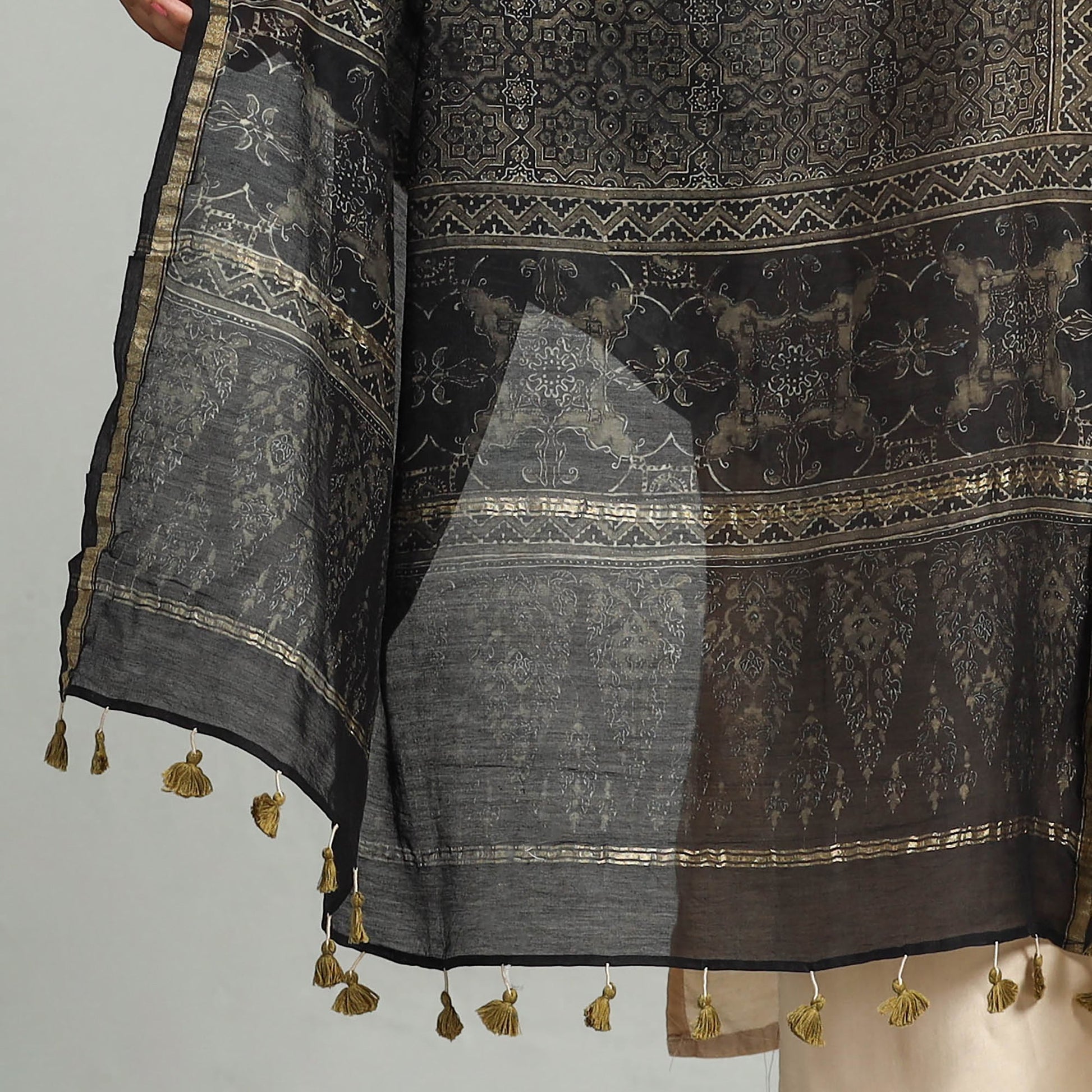 Black - Block Printed Chanderi Silk Handloom Ajrakh Dupatta 22