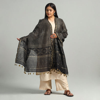 Black - Block Printed Chanderi Silk Handloom Ajrakh Dupatta 22