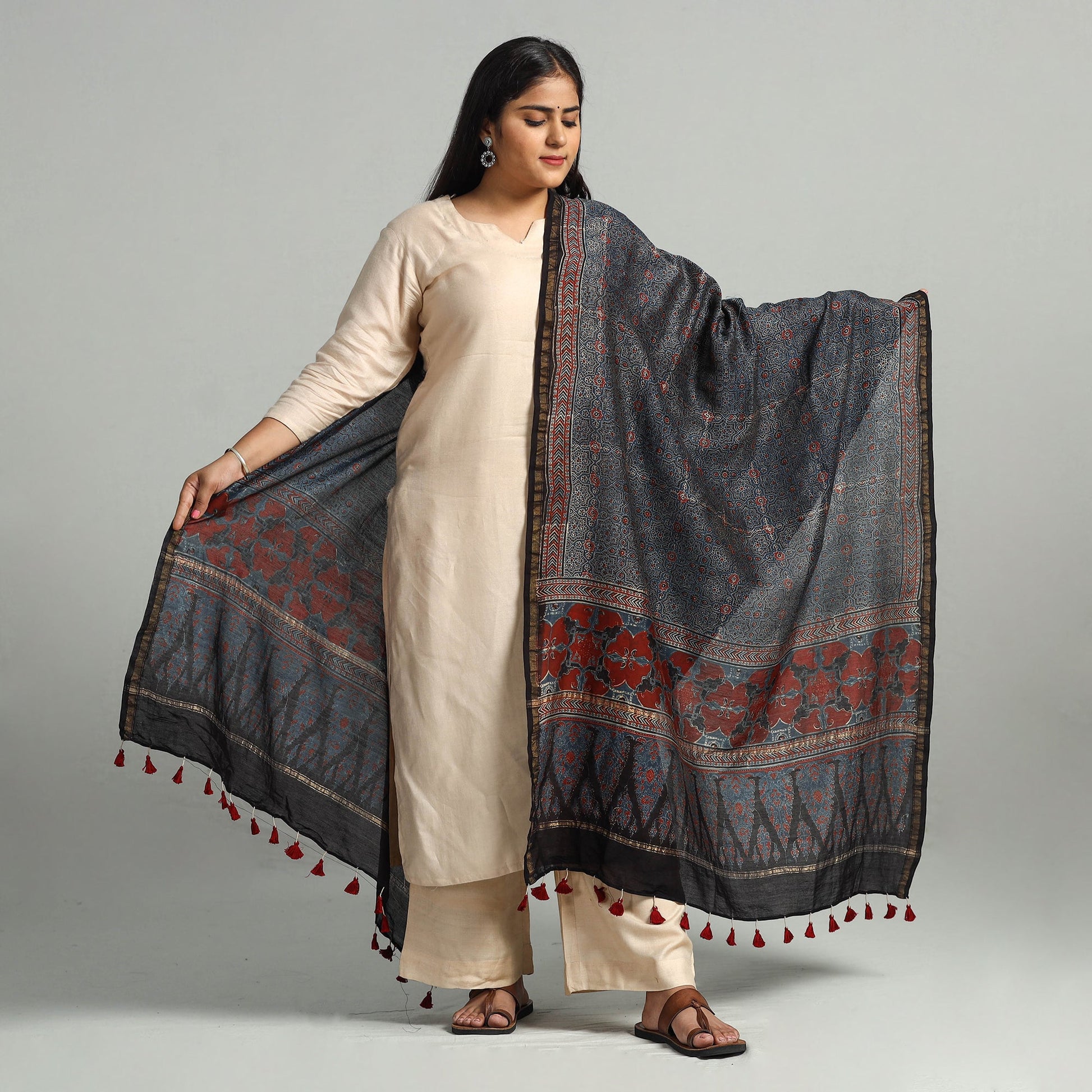 Blue - Block Print Chanderi Silk Handloom Ajrakh Dupatta 23