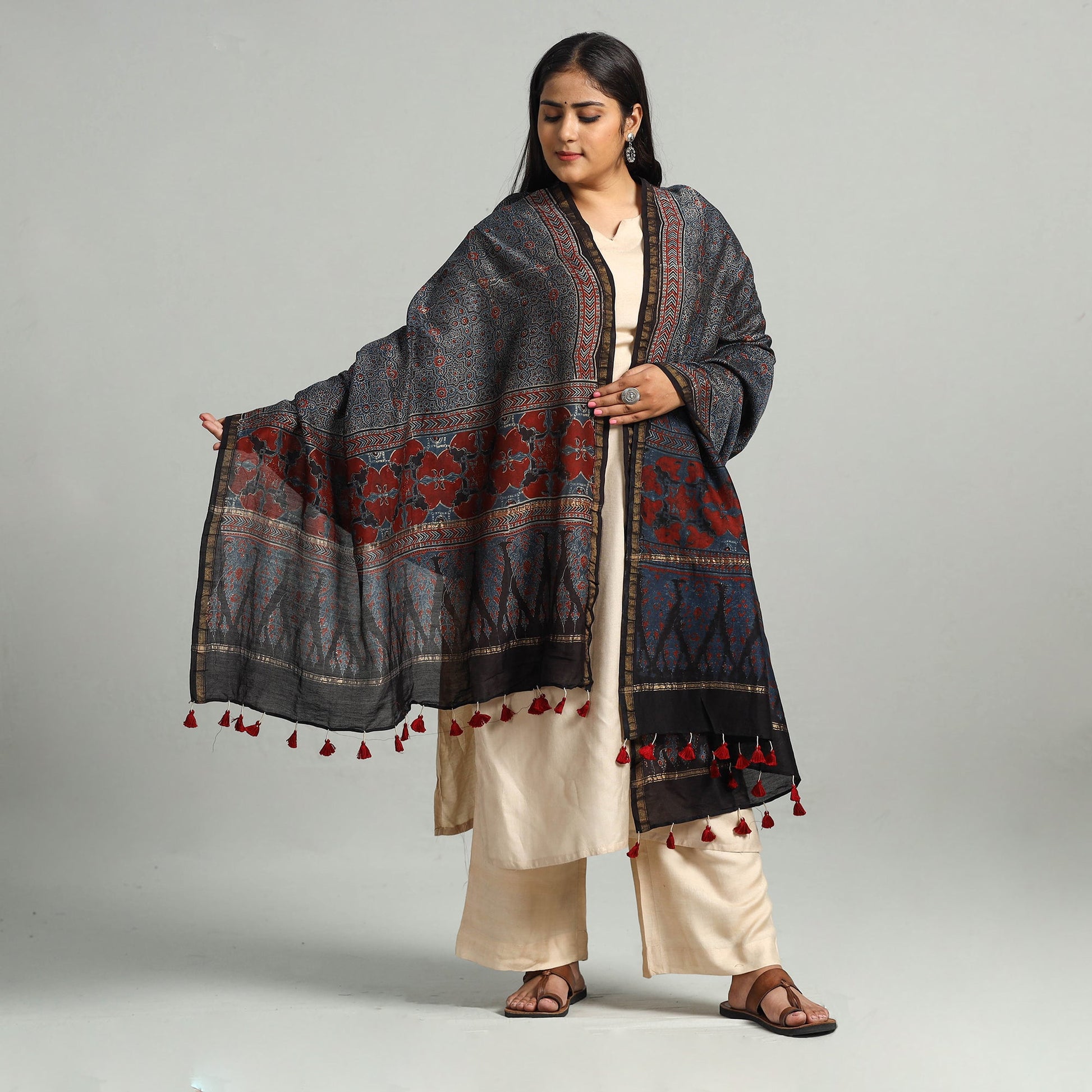 Blue - Block Print Chanderi Silk Handloom Ajrakh Dupatta 23