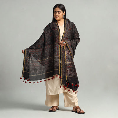 Black - Block Printed Chanderi Silk Handloom Ajrakh Dupatta 27