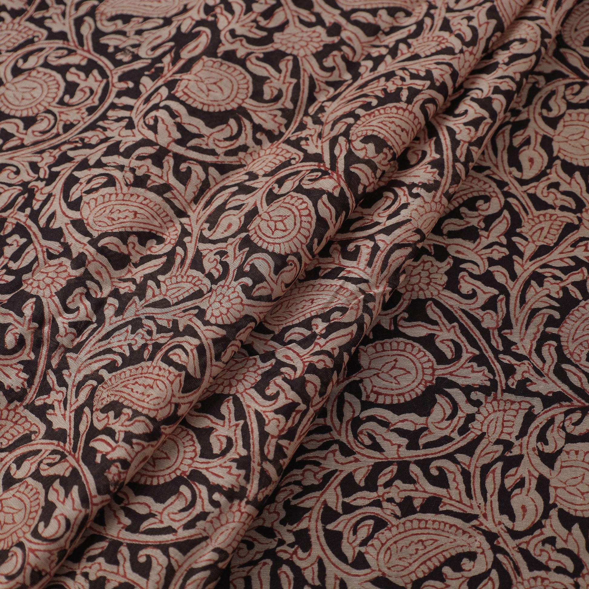 Beige - Pedana Block Printed Silk Kalamkari Fabric 08