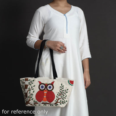 Beige - Canvas Cotton Handpainted Shoulder Bag