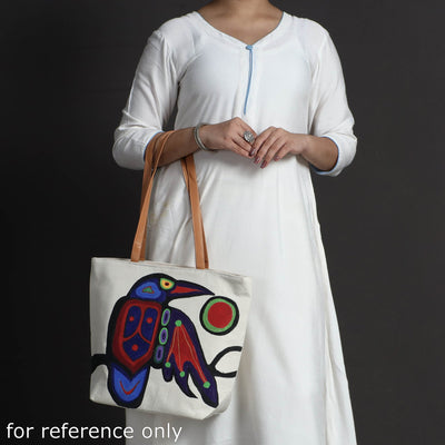 Beige - Raven Bird Canvas Cotton Handpainted Shoulder Bag