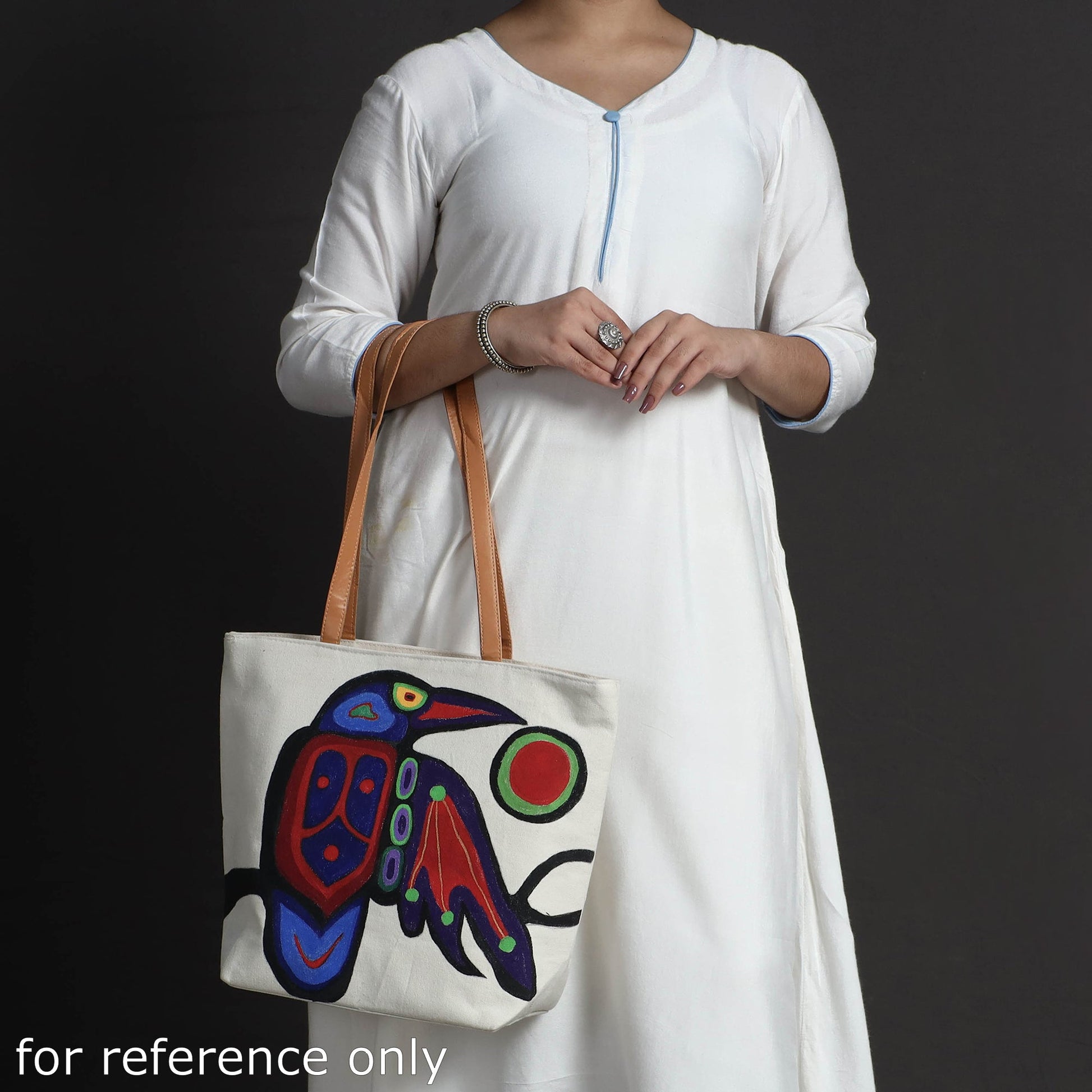 Beige - Raven Bird Canvas Cotton Handpainted Shoulder Bag