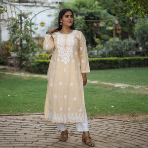 Beige Chikankari Hand Embroidered Cotton Long Kurta