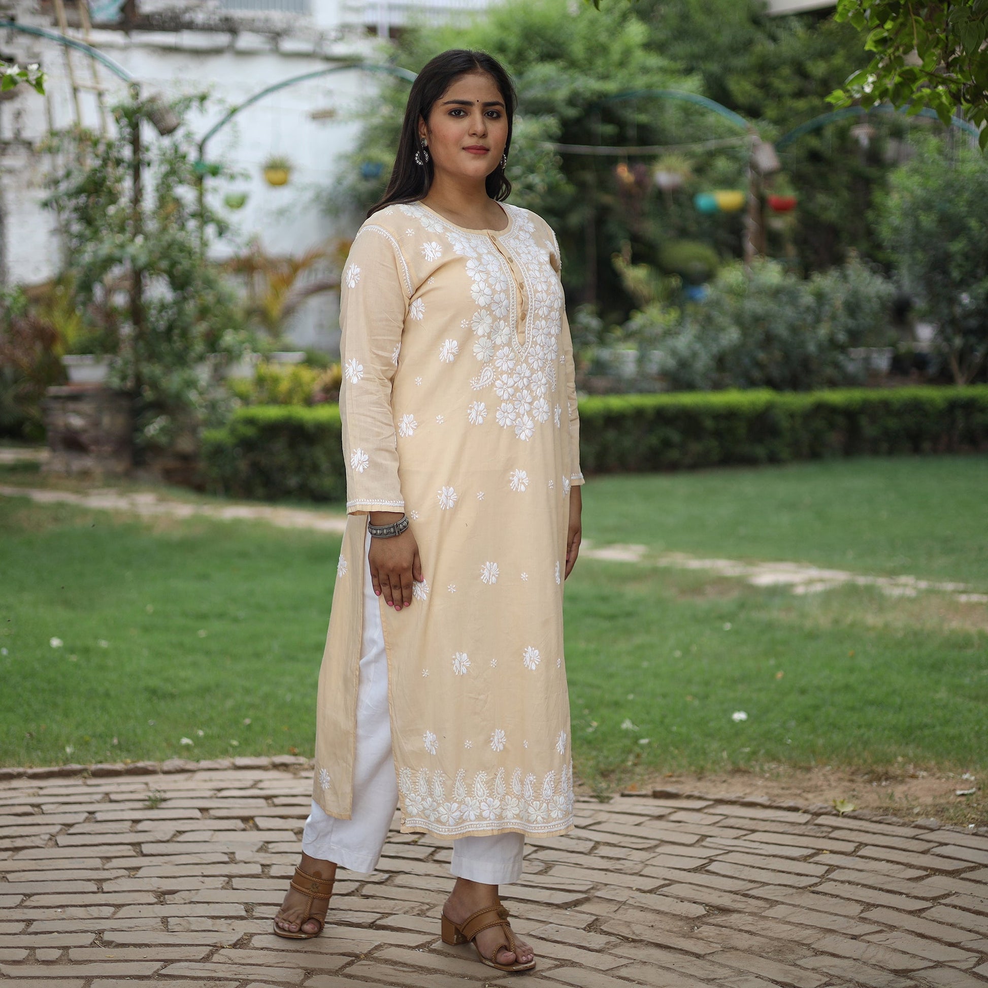 Beige Chikankari Hand Embroidered Cotton Long Kurta