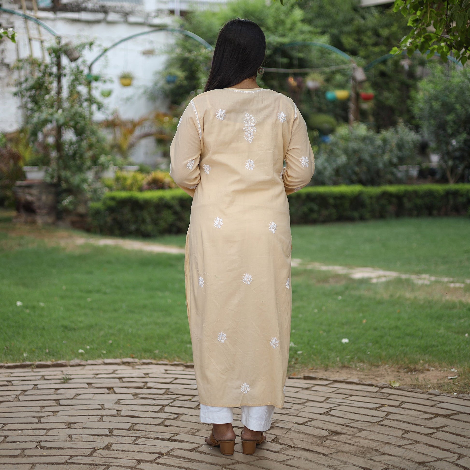 Beige Chikankari Hand Embroidered Cotton Long Kurta