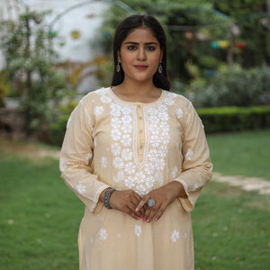 Beige Chikankari Hand Embroidered Cotton Long Kurta
