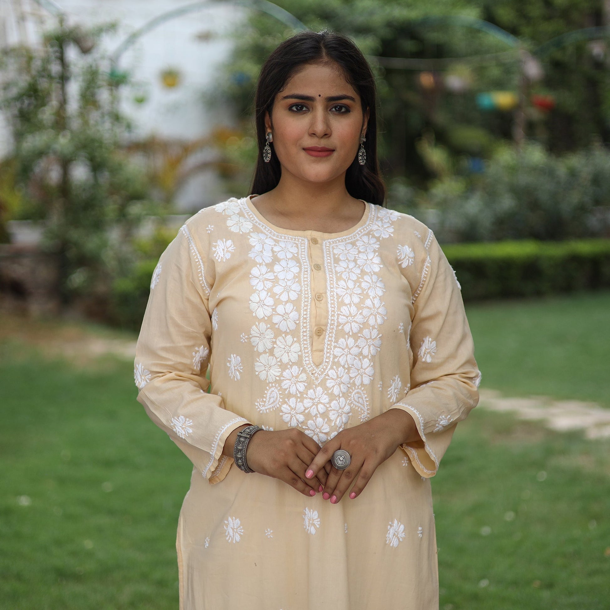 Beige Chikankari Hand Embroidered Cotton Long Kurta