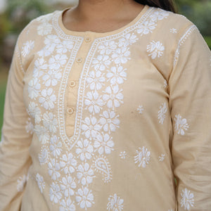 Beige Chikankari Hand Embroidered Cotton Long Kurta