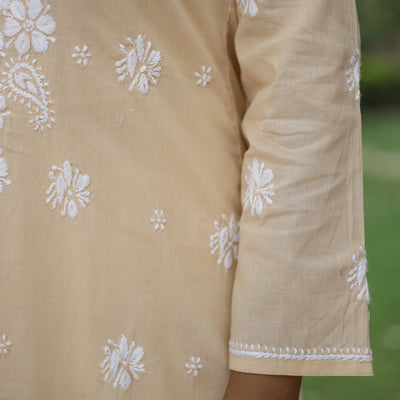Beige Chikankari Hand Embroidered Cotton Long Kurta