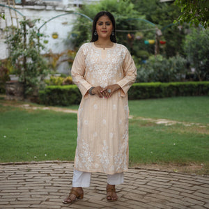 Beige Chikankari Hand Embroidered Cotton Long Kurta