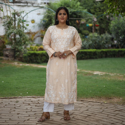 Beige Chikankari Hand Embroidered Cotton Long Kurta