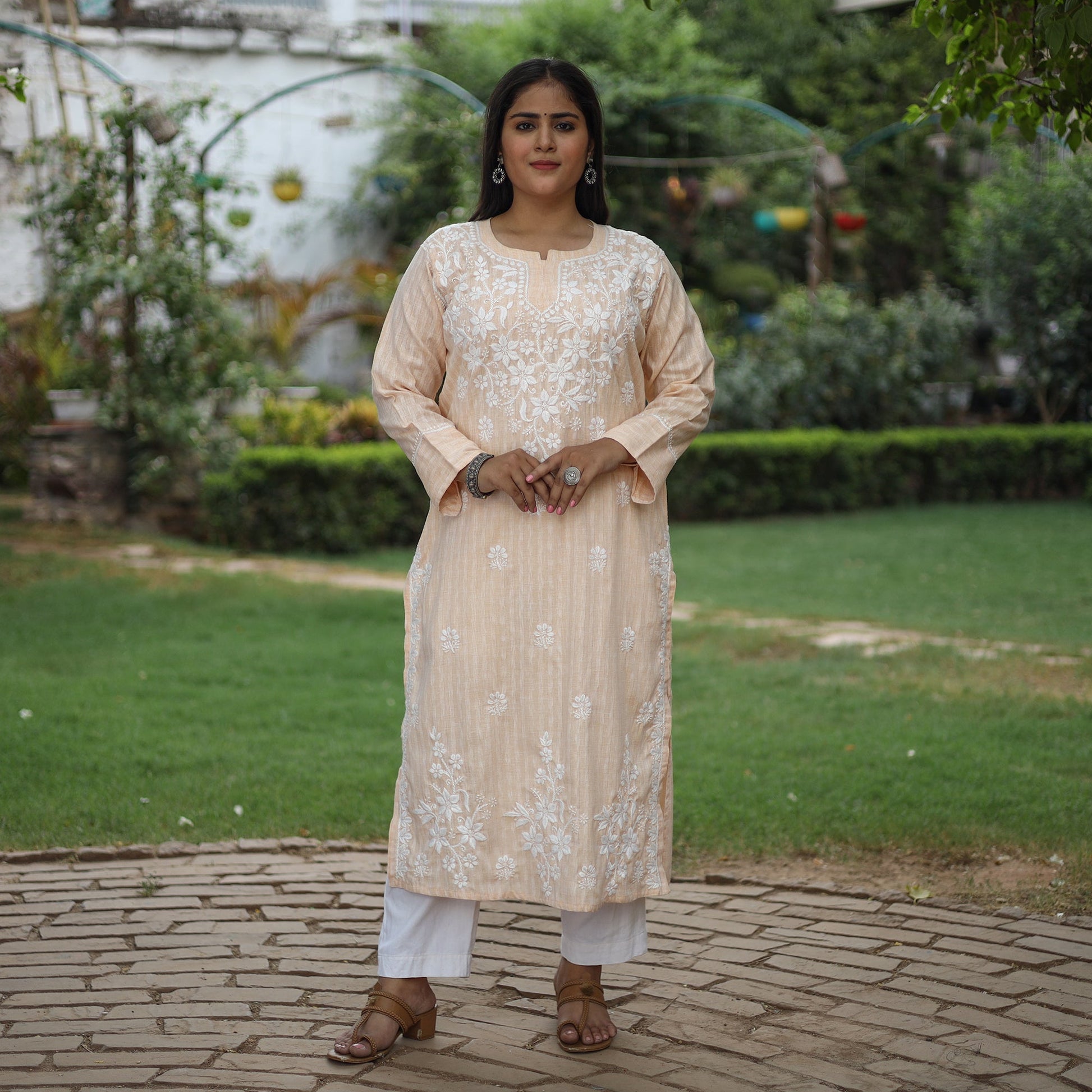 Beige Chikankari Hand Embroidered Cotton Long Kurta