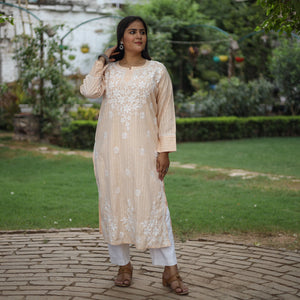 Beige Chikankari Hand Embroidered Cotton Long Kurta