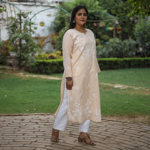 Beige Chikankari Hand Embroidered Cotton Long Kurta