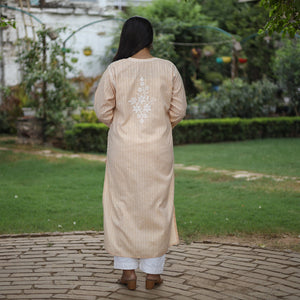 Beige Chikankari Hand Embroidered Cotton Long Kurta