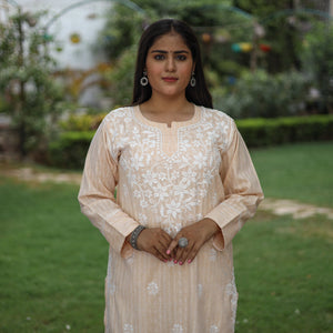 Beige Chikankari Hand Embroidered Cotton Long Kurta