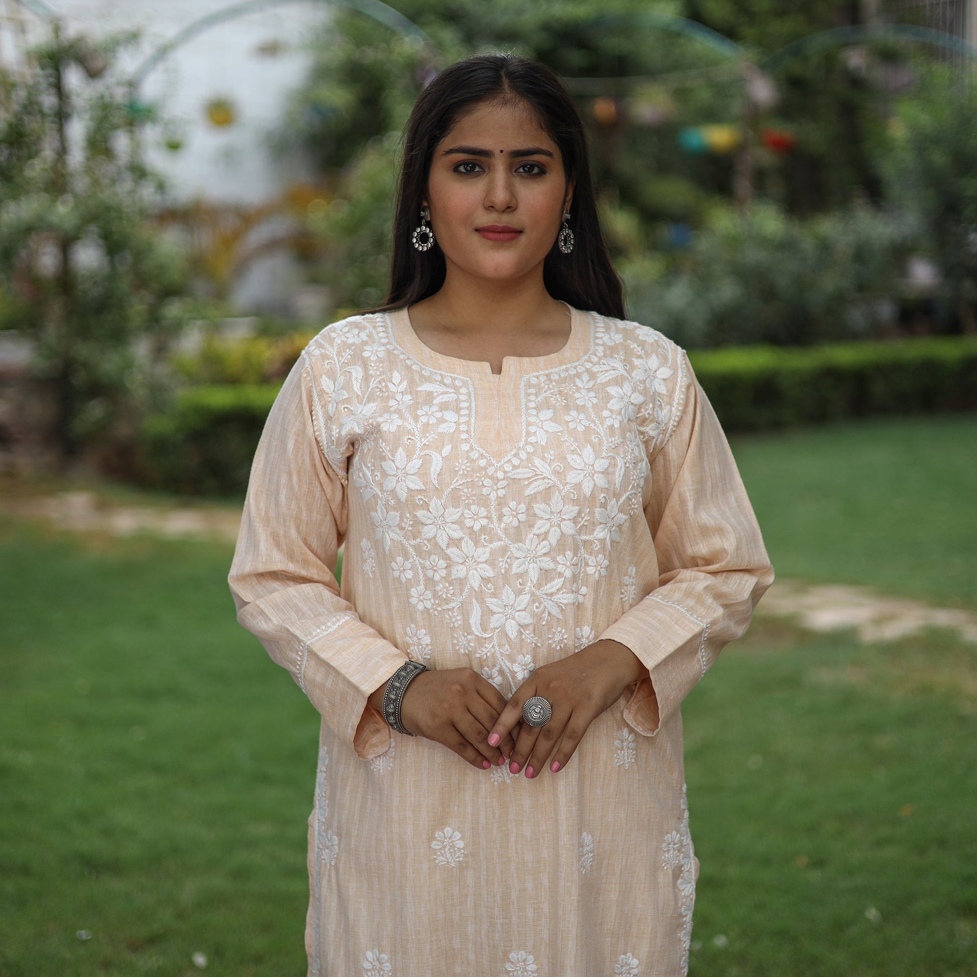 Beige Chikankari Hand Embroidered Cotton Long Kurta