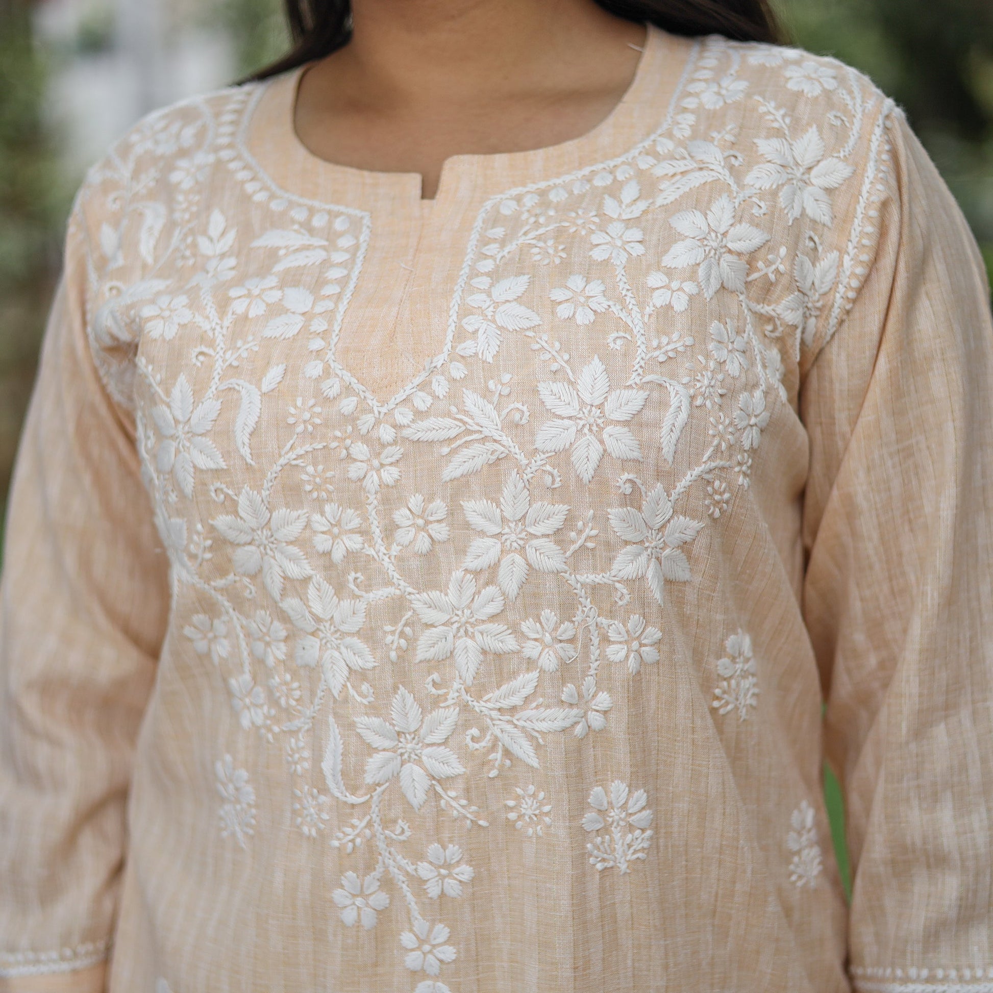 Beige Chikankari Hand Embroidered Cotton Long Kurta