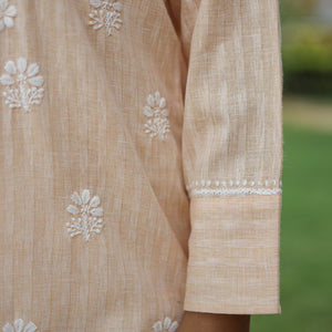 Beige Chikankari Hand Embroidered Cotton Long Kurta