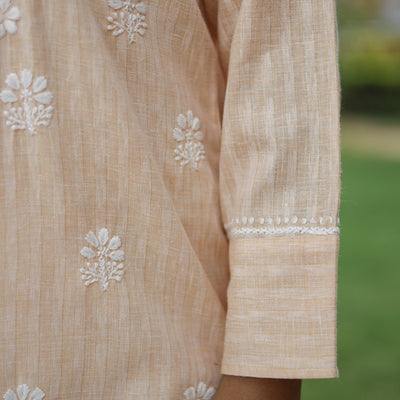 Beige Chikankari Hand Embroidered Cotton Long Kurta