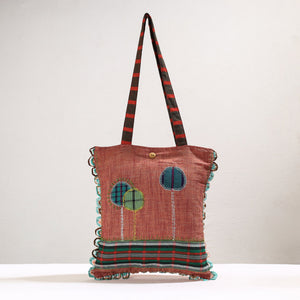 Brown - Handmade Gamcha Fabric Embroidered Applique Work Hand Bag