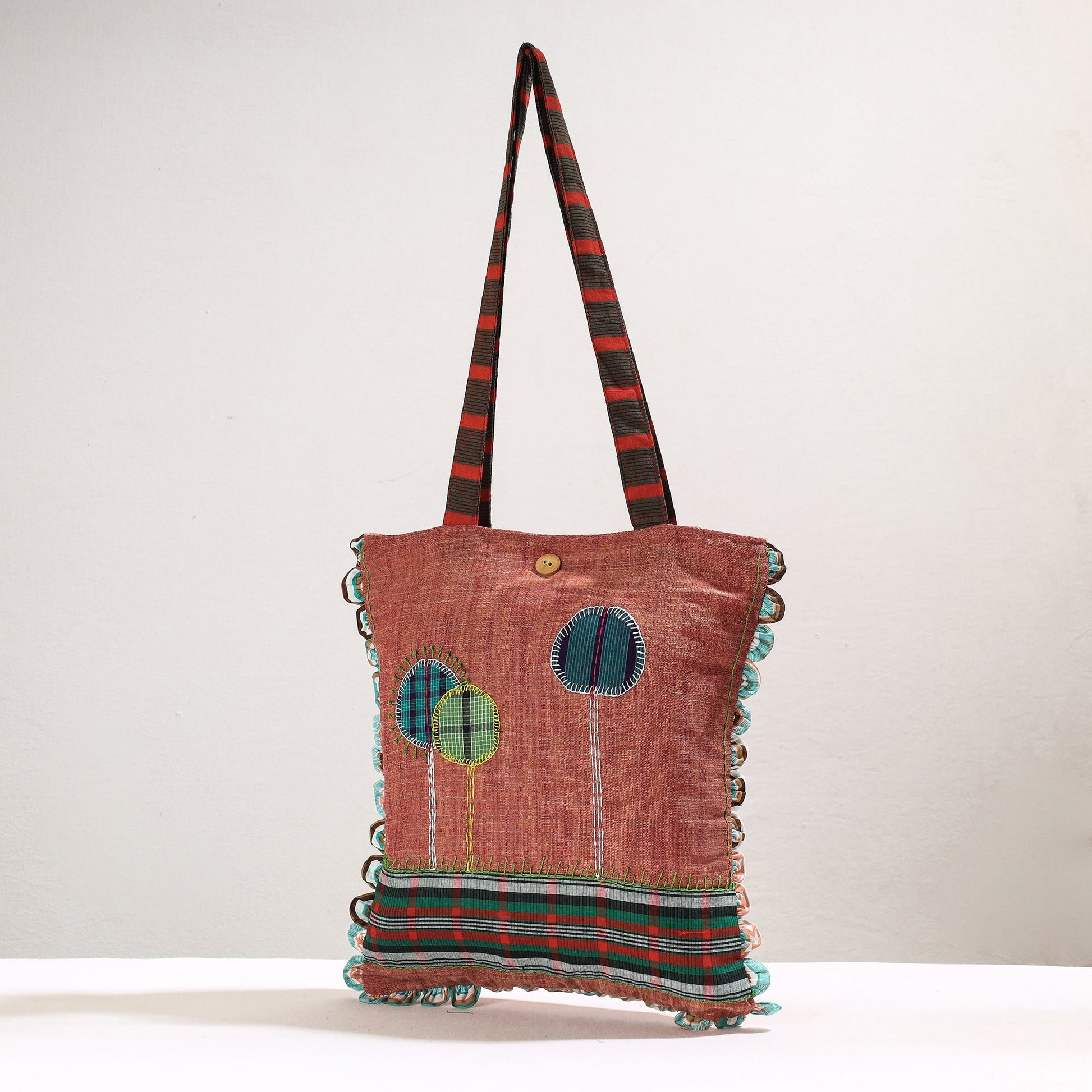 Brown - Handmade Gamcha Fabric Embroidered Applique Work Hand Bag