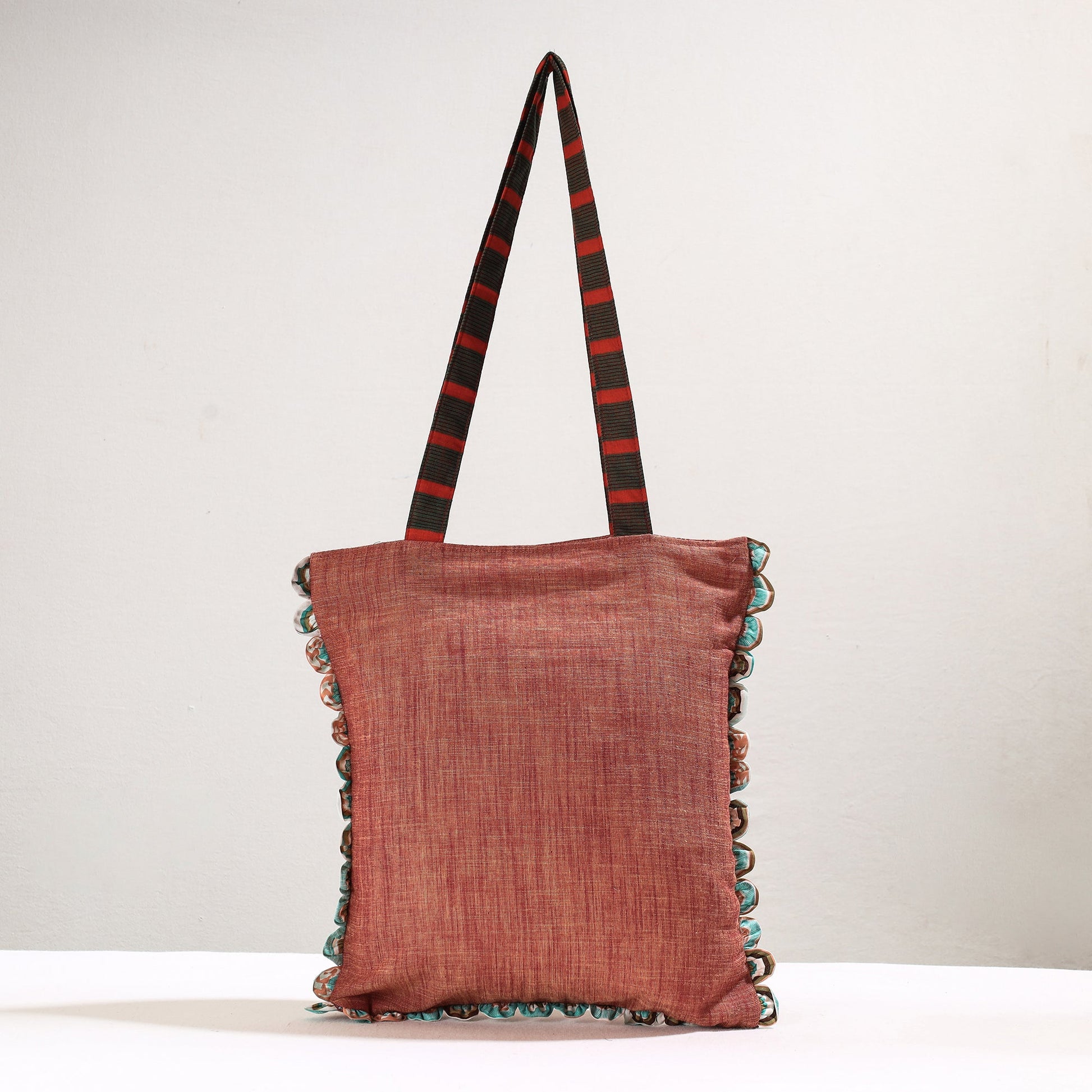 Brown - Handmade Gamcha Fabric Embroidered Applique Work Hand Bag