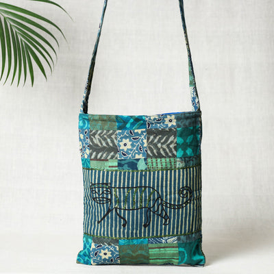 Blue - Hand Block Print Patchwork Cotton Sling Bag