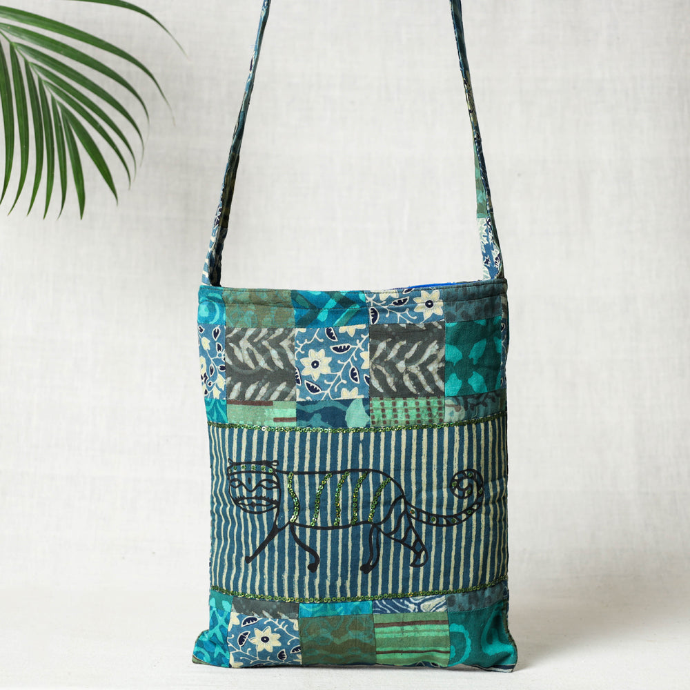 Blue - Hand Block Print Patchwork Cotton Sling Bag