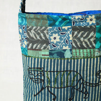 Blue - Hand Block Print Patchwork Cotton Sling Bag